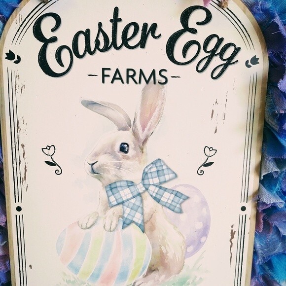 Hand Crafted Easter Bunny Egg Pastel Fabric Rag Wreath, Easter Egg Farms Sign - Picture 8 of 14
